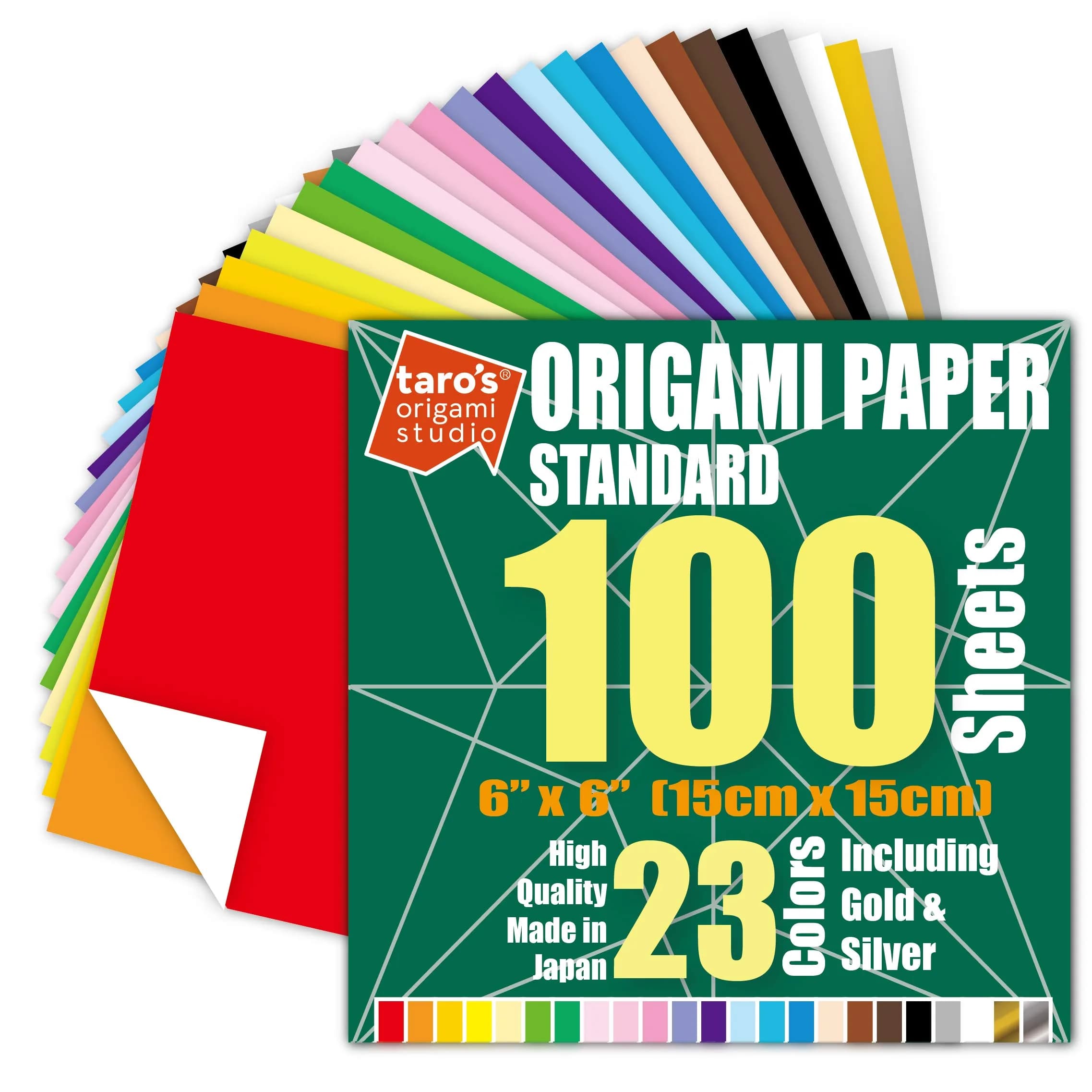 Taro's Origami Studio Standard 6 Inch Square Paper 100 Sheets (15.24 cm) | 23 Colors Including Gold & Silver - main product image