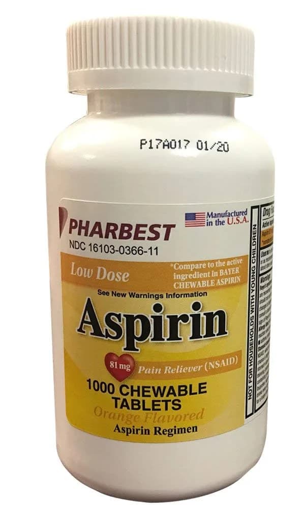 PHARBEST Aspirin 81mg Chewable Tablets 1000 Count | Fast-Relief for Minor Aches & Pains — Orange