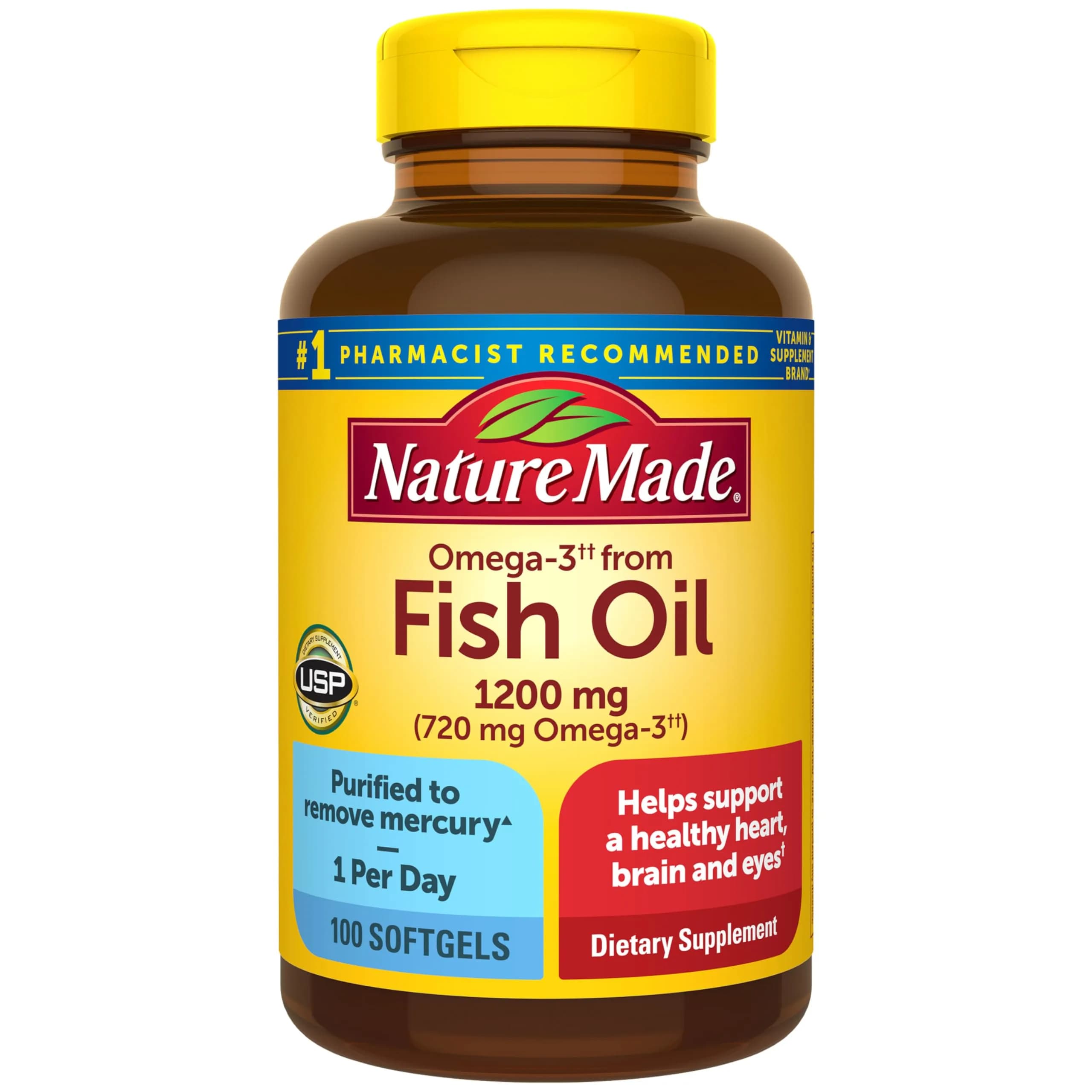 Nature Made Fish Oil Omega 3 1200 mg Softgels, 100 Count | USP Verified for Heart, Brain, Eye Support - main product image
