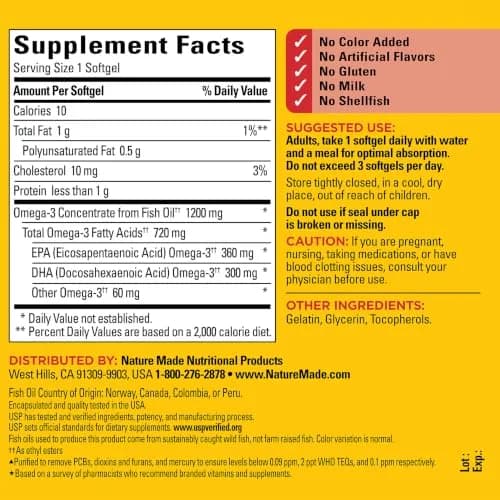 Nature Made Fish Oil Omega 3 1200 mg Softgels, 100 Count | USP Verified for Heart, Brain, Eye Support thumbnail 7