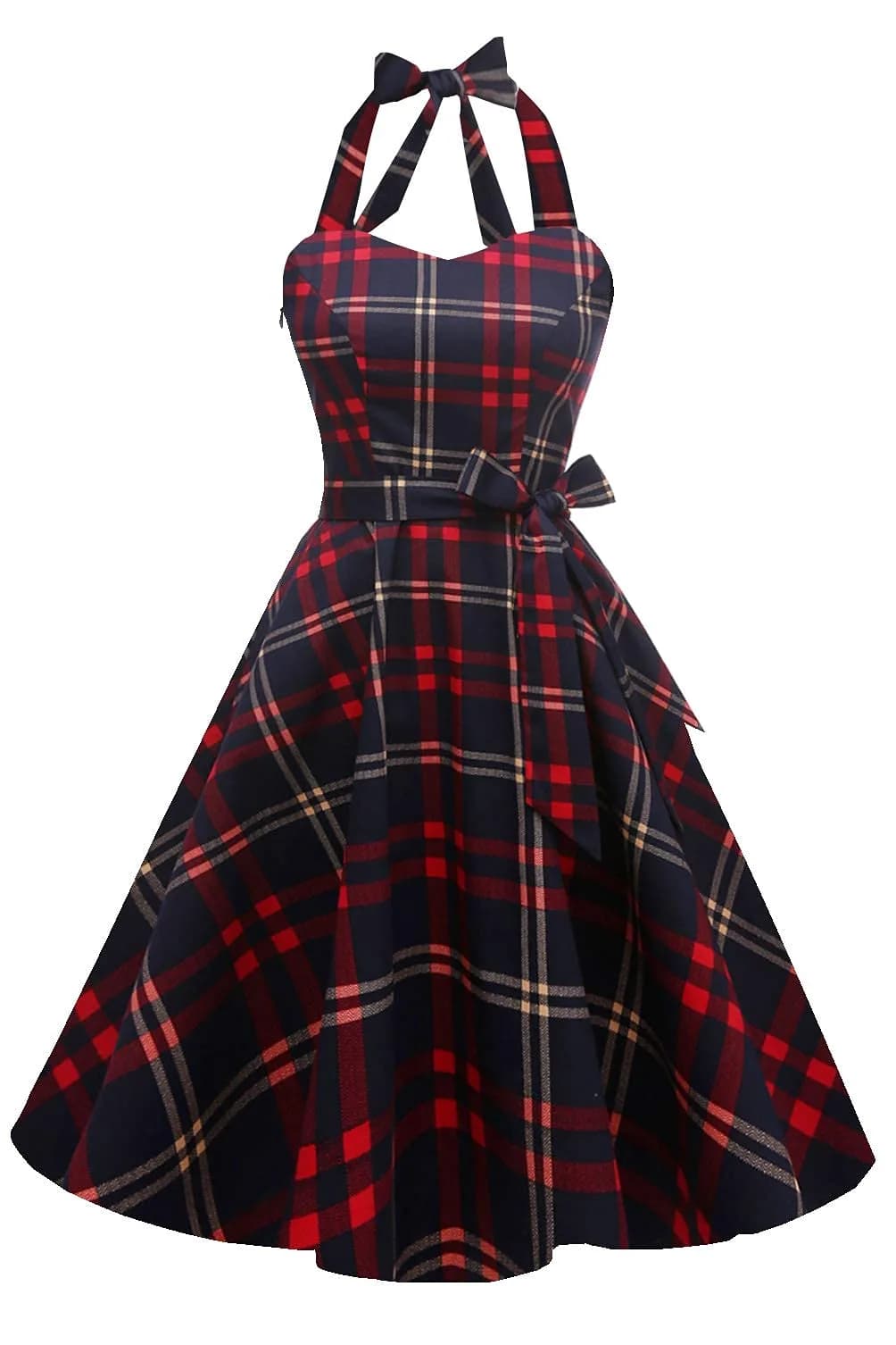 Topdress Vintage Polka Audrey Dress 1950s Halter Cocktail Dress Red Plaid XX-Large | Classic Retro Style for Women
