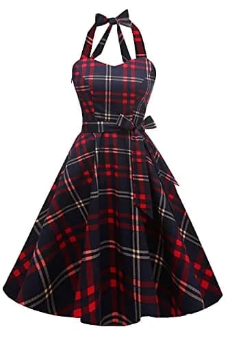 Topdress Vintage Polka Audrey Dress 1950s Halter Cocktail Dress Red Plaid XX-Large | Classic Retro Style for Women thumbnail 1