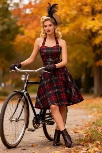 Topdress Vintage Polka Audrey Dress 1950s Halter Cocktail Dress Red Plaid XX-Large | Classic Retro Style for Women thumbnail 4