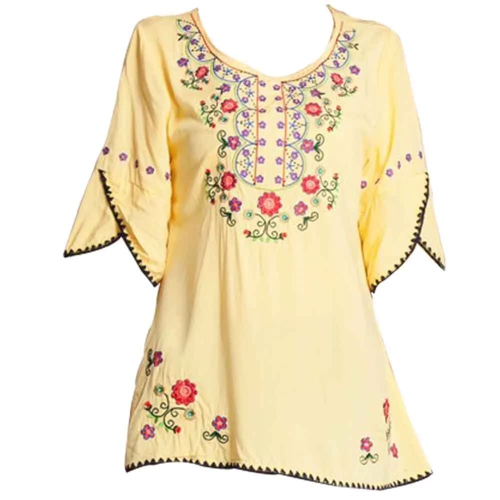 Ashir Aley Bell Sleeve Womens Girls Embroidered Cotton Peasant Tops Mexican Bohemian Shirts Blouses (L,Yellow) | Boho Floral Embroidery, Cotton, Casual Fit