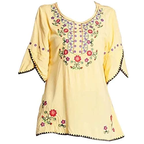 Ashir Aley Bell Sleeve Womens Girls Embroidered Cotton Peasant Tops Mexican Bohemian Shirts Blouses (L,Yellow) | Boho Floral Embroidery, Cotton, Casual Fit thumbnail 1