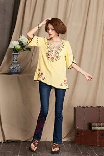 Ashir Aley Bell Sleeve Womens Girls Embroidered Cotton Peasant Tops Mexican Bohemian Shirts Blouses (L,Yellow) | Boho Floral Embroidery, Cotton, Casual Fit thumbnail 4
