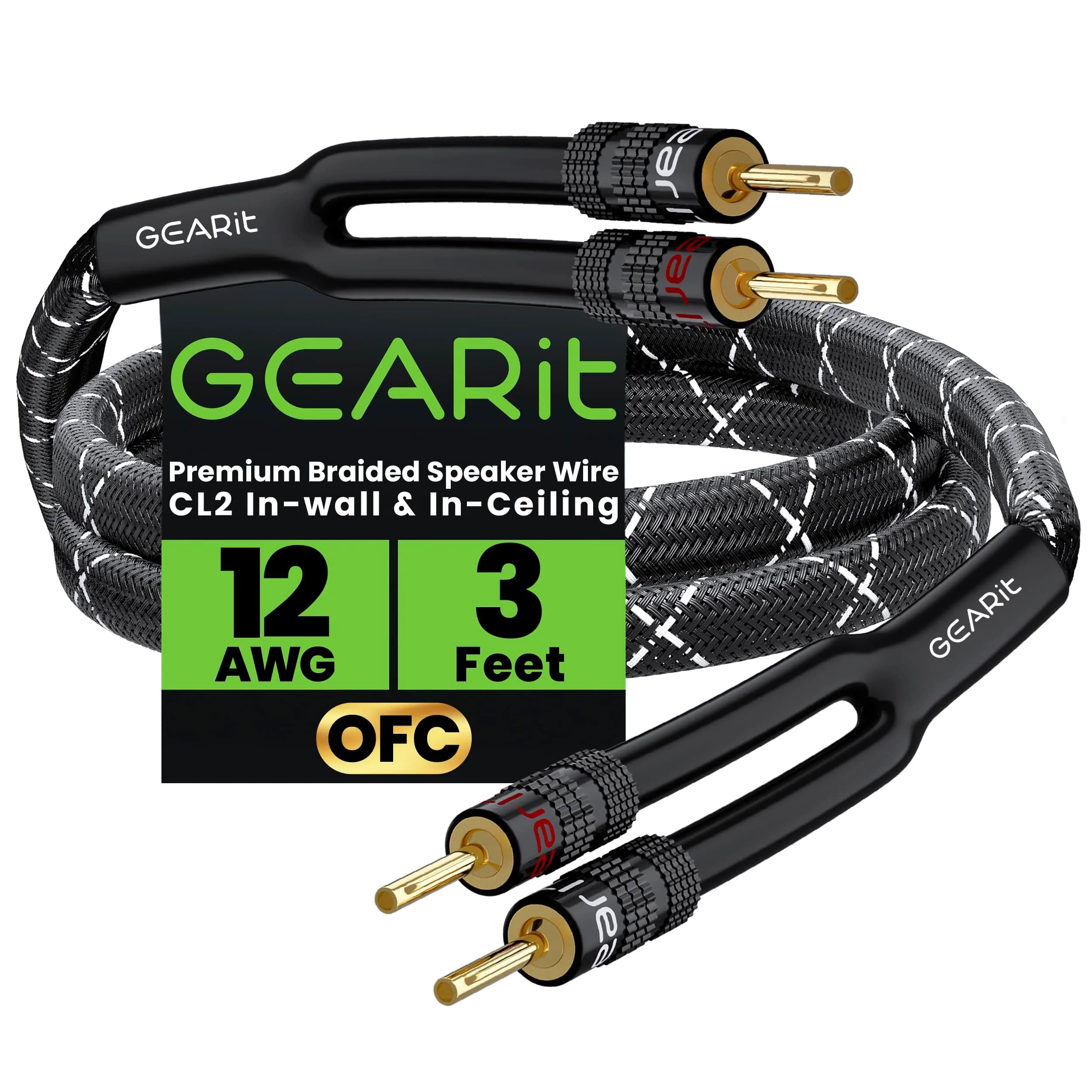 GEARit 12 Gauge Speaker Wire with Banana Plugs 0.91 m (3 Feet) | CL2 Rated In-Wall Braided OFC Copper