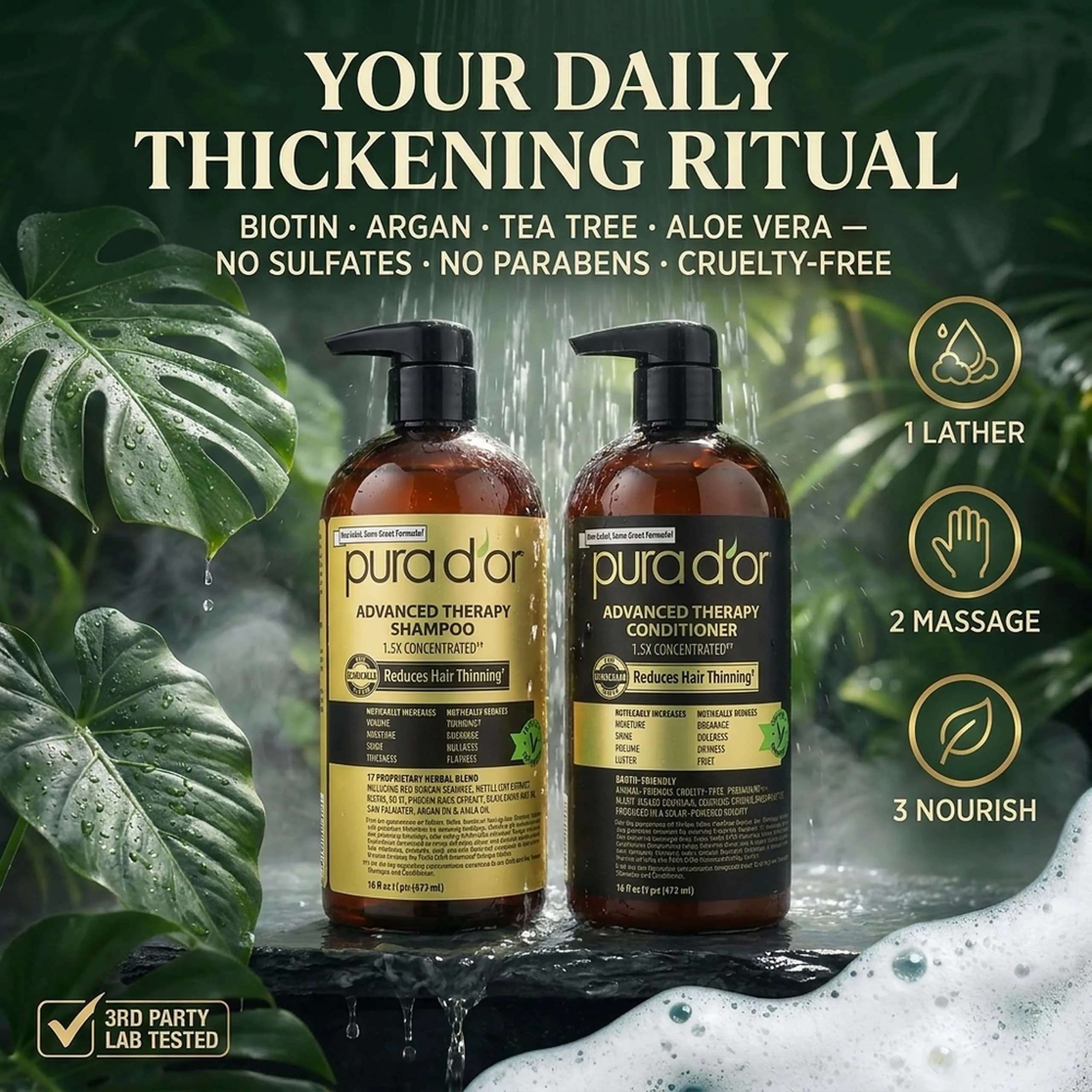 PURA D'OR Advanced Therapy Biotin Shampoo & Hair Regrowth Conditioner Set 946ml (32 Fl Oz) | Clinically Tested Thickening Results - view 6
