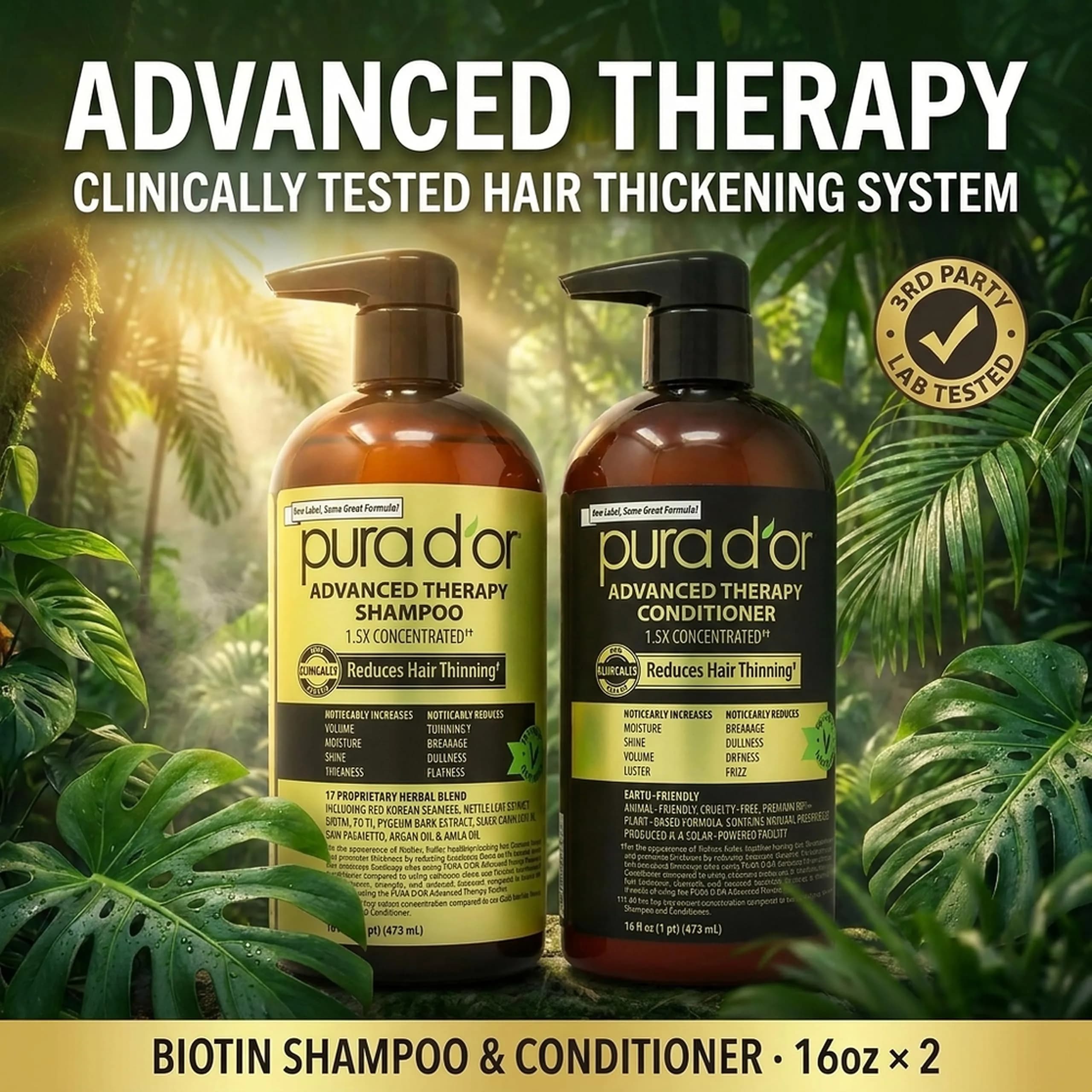 PURA D'OR Advanced Therapy Biotin Shampoo & Hair Regrowth Conditioner Set 946ml (32 Fl Oz) | Clinically Tested Thickening Results - view 2