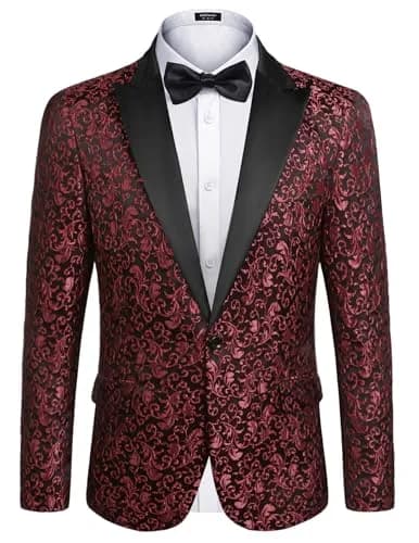 COOFANDY Floral Party Suit Jacket Red XL | Elegant Jacquard Design for Men thumbnail 1