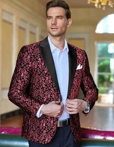 COOFANDY Floral Party Suit Jacket Red XL | Elegant Jacquard Design for Men thumbnail 8