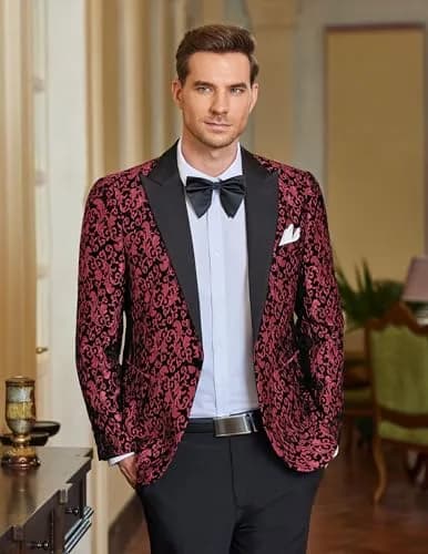 COOFANDY Floral Party Suit Jacket Red XL | Elegant Jacquard Design for Men thumbnail 2