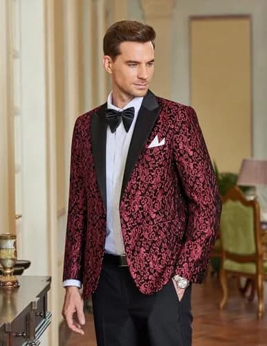 COOFANDY Floral Party Dress Suit Stylish Dinner Jacket Wedding Blazer 1 - Red | One Button Tuxedo for Men thumbnail 7