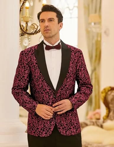 COOFANDY Floral Party Dress Suit Stylish Dinner Jacket Wedding Blazer 1 - Red | One Button Tuxedo for Men thumbnail 3