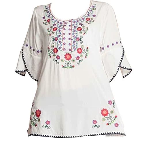 Ashir Aley Bell Sleeve Womens Girls Embroidered Peasant Tops Mexican Bohemian Blouses (XL,White) | Floral Embroidered Cotton Summer Top thumbnail 1