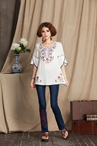 Ashir Aley Bell Sleeve Womens Girls Embroidered Peasant Tops Mexican Bohemian Blouses (XL,White) | Floral Embroidered Cotton Summer Top thumbnail 3