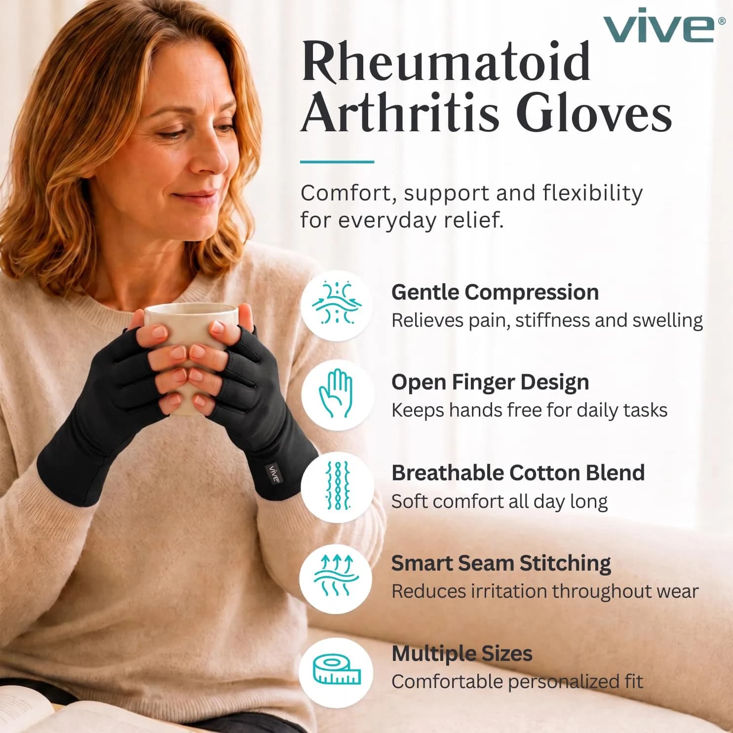 Vive Arthritis Gloves Small Black | Compression Therapy for Joint Pain Relief with Open Finger Design - view 2