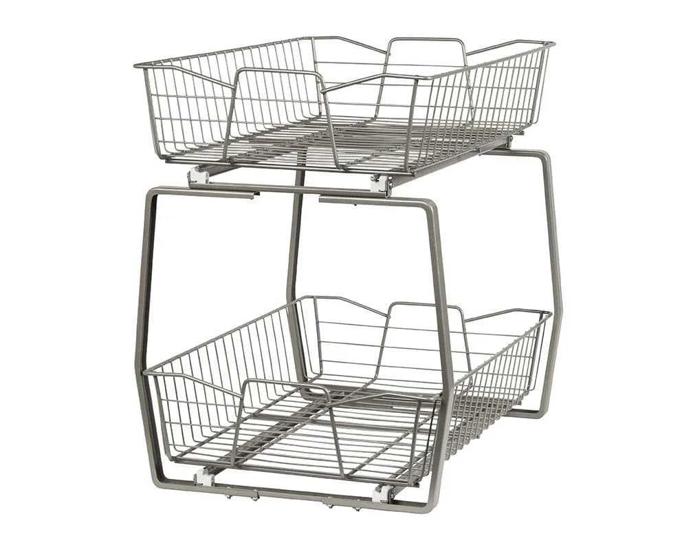 ClosetMaid Pull Out Cabinet Organizer 11-Inch / White | Heavy Duty Slide Out Pantry Shelf — Nickel / 14-Inch Two Tier