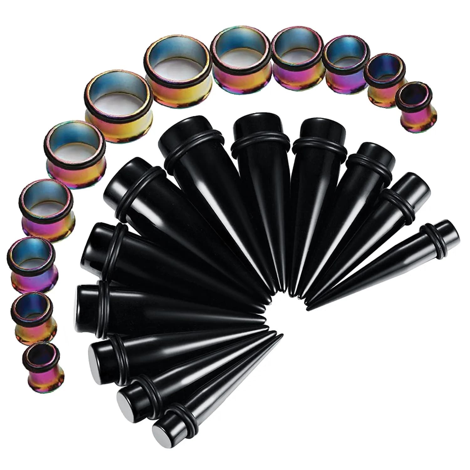 BodyJ4You 24PC Ear Gauge Stretching Kit - 00G-20mm Rainbow Stainless Steel Tapers & Tunnels — Black, Rainbow