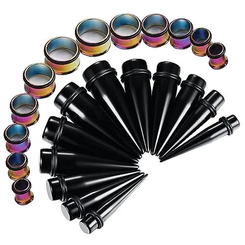 BodyJ4You 24PC Ear Gauge Stretching Kit - 00G-20mm Rainbow Stainless Steel Tapers & Tunnels thumbnail 1