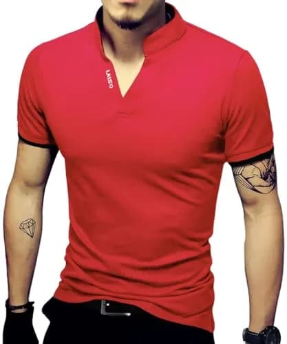 LOGEEYAR Mens Short-Sleeve Slim Fit Cotton Pique Polo Shirt | Classic V-Neck, Red, Small thumbnail 1