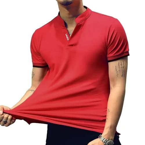 LOGEEYAR Mens Short-Sleeve Slim Fit Cotton Pique Polo Shirt | Classic V-Neck, Red, Small thumbnail 5