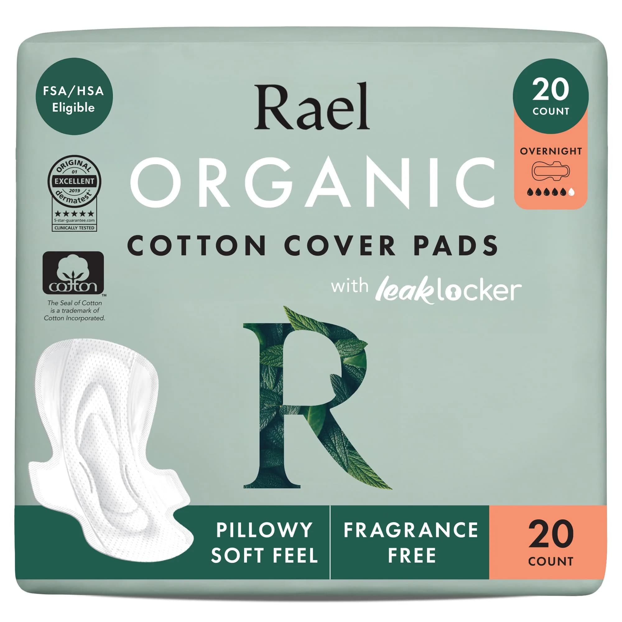 Rael Organic Cotton Cover Sanitary Pads for Women, Heavy Overnight 20 Ct | Made with 100% Organic Cotton - main product image