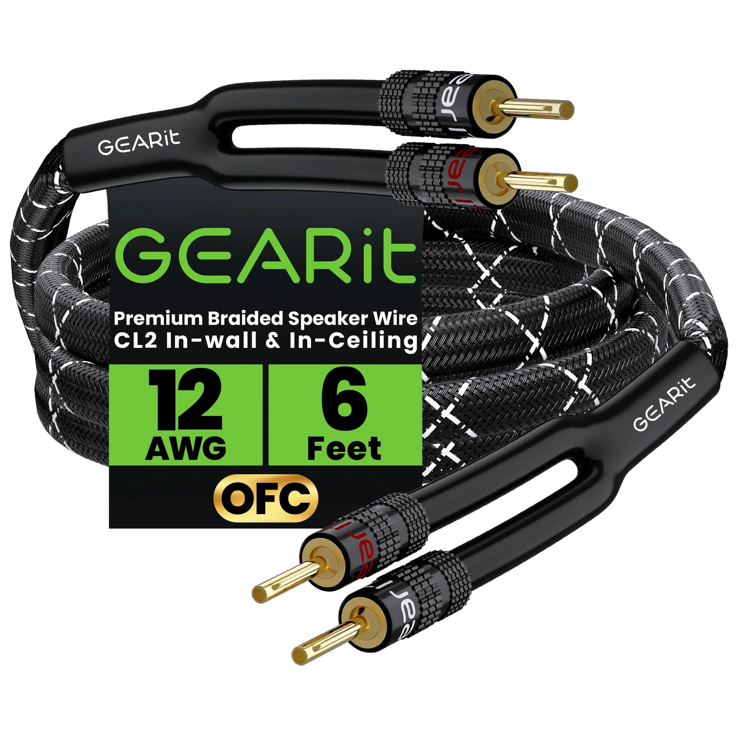 GEARit 12 Gauge Braided Speaker Wire with Banana Plugs, 6 ft (1.83 m) | CL2 Rated for In-Wall Use - main product image