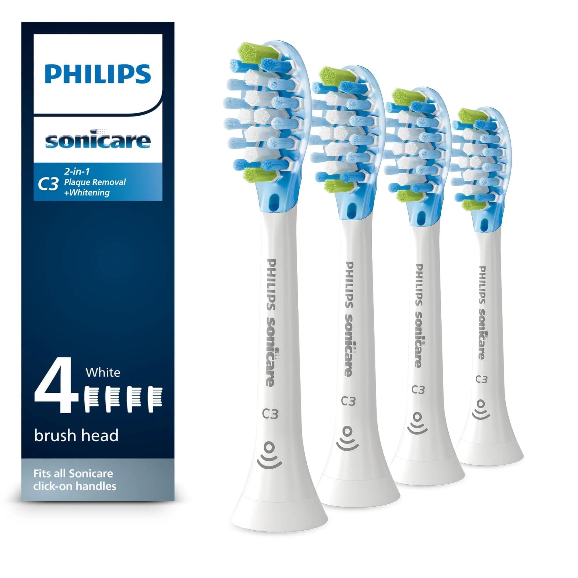Philips Sonicare C3 Two-in-One Genuine Replacement Electric Toothbrush Heads 4 Pack | Deep Plaque Removal & Whitening — White