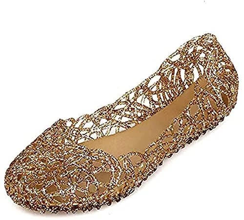 Domucos Flat Jelly Ballet Flats Gold | Breathable Synthetic, Round Toe, Slip-On, Glitter Loafers for Women thumbnail 1