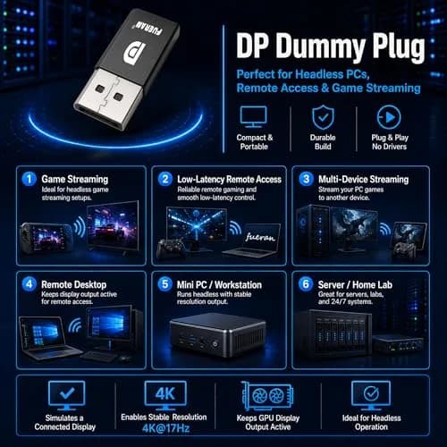 FUERAN DisplayPort Dummy Plug 4K@17Hz 1080P@60Hz | Headless PC Emulator for Remote Desktop thumbnail 7