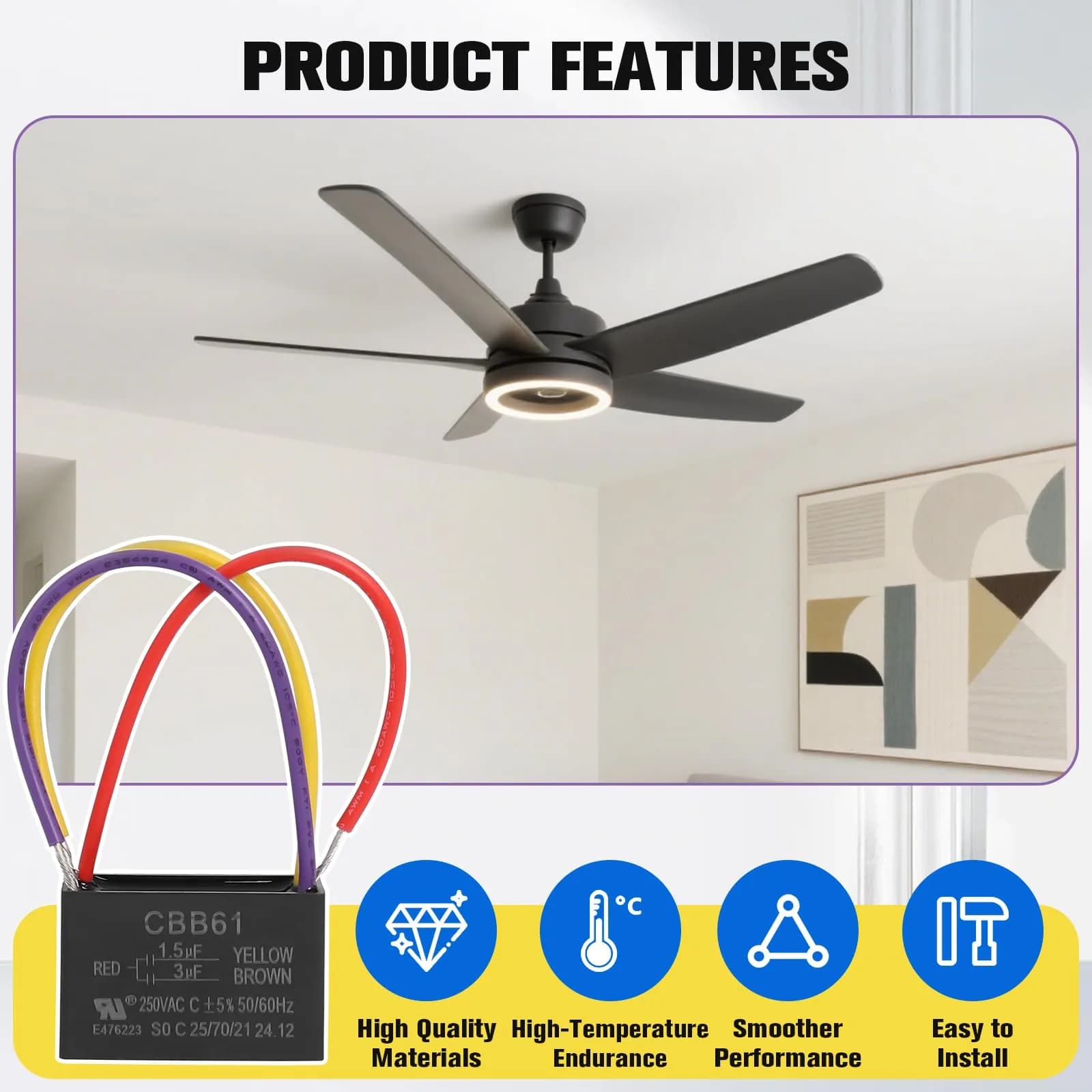 Podoy CBB61 Ceiling Fan Capacitor 1.5uf+3uf Dual Wire Pack of 2 | 250VAC Rated for Smooth Fan Operation - view 5