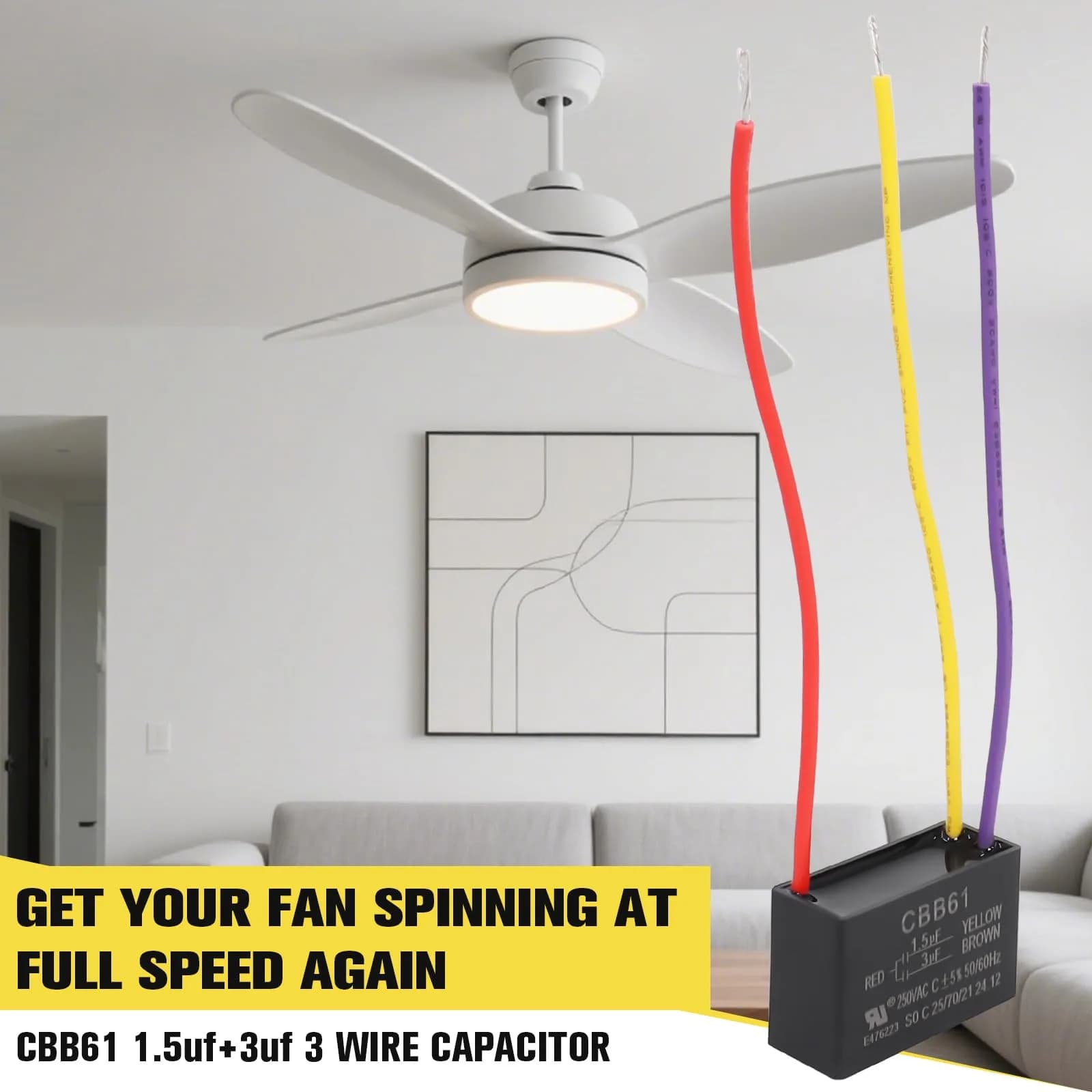 Podoy CBB61 Ceiling Fan Capacitor 1.5uf+3uf Dual Wire Pack of 2 | 250VAC Rated for Smooth Fan Operation - view 7