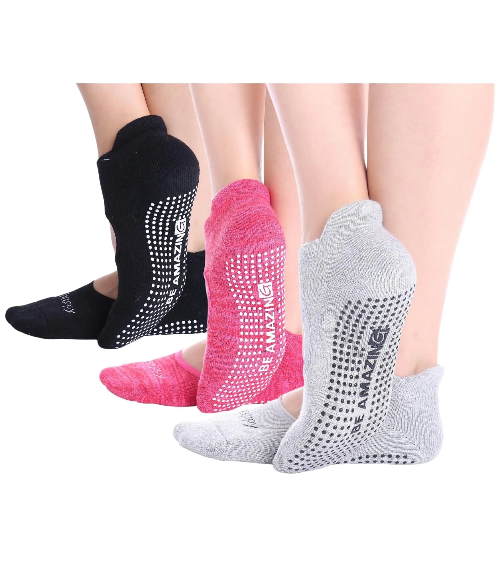Live Happy Be Healthy Pilates Socks with Grips for Women Non Slip | Toeless, Ankle Length, Cotton, 3 Pairs