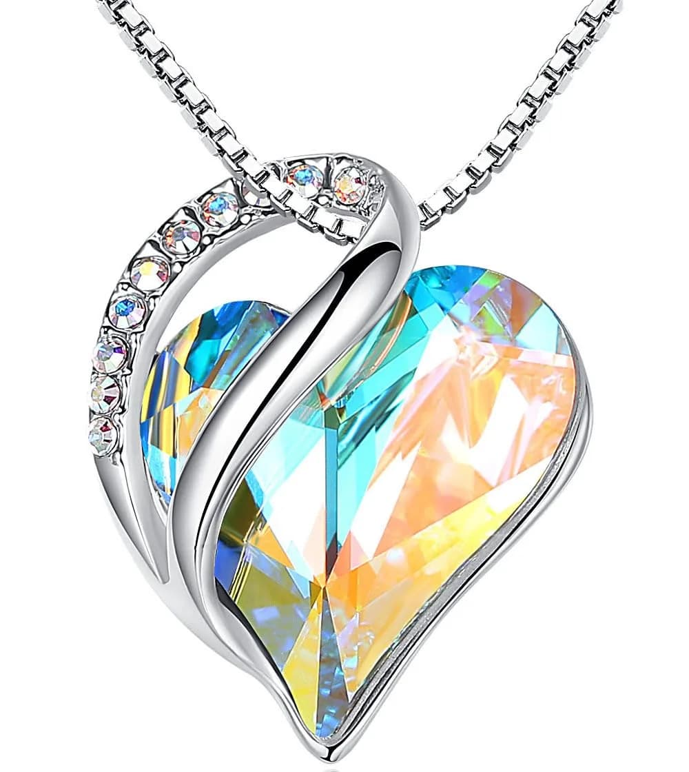 Leafael Infinity Love Heart Pendant Necklace 0.75" Crystal Birthstone Silver Plated 18" + 2" Chain