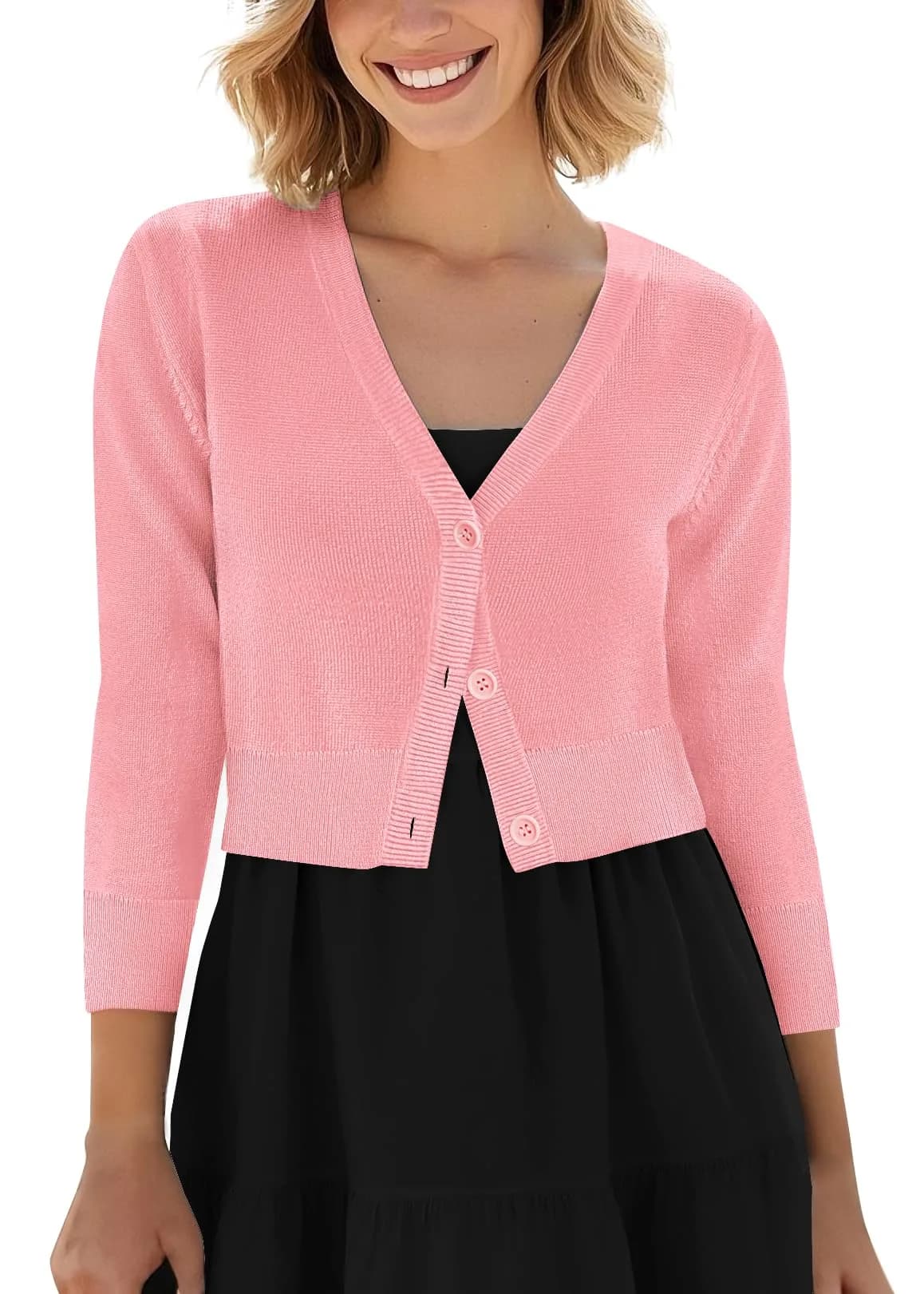 Urban CoCo Women's Cropped Cardigan V-Neck Button Down Sweater 3/4 Sleeve (M, Pink) | Lightweight & Breathable for Indian Climate — Pink