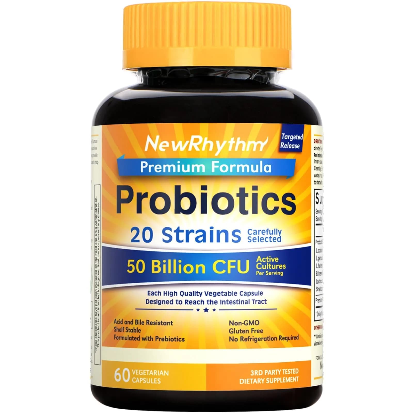 NewRhythm Probiotics 50 Billion CFU 20 Strains 60 Veggie Capsules | Targeted Release Stomach Acid Resistant - main product image