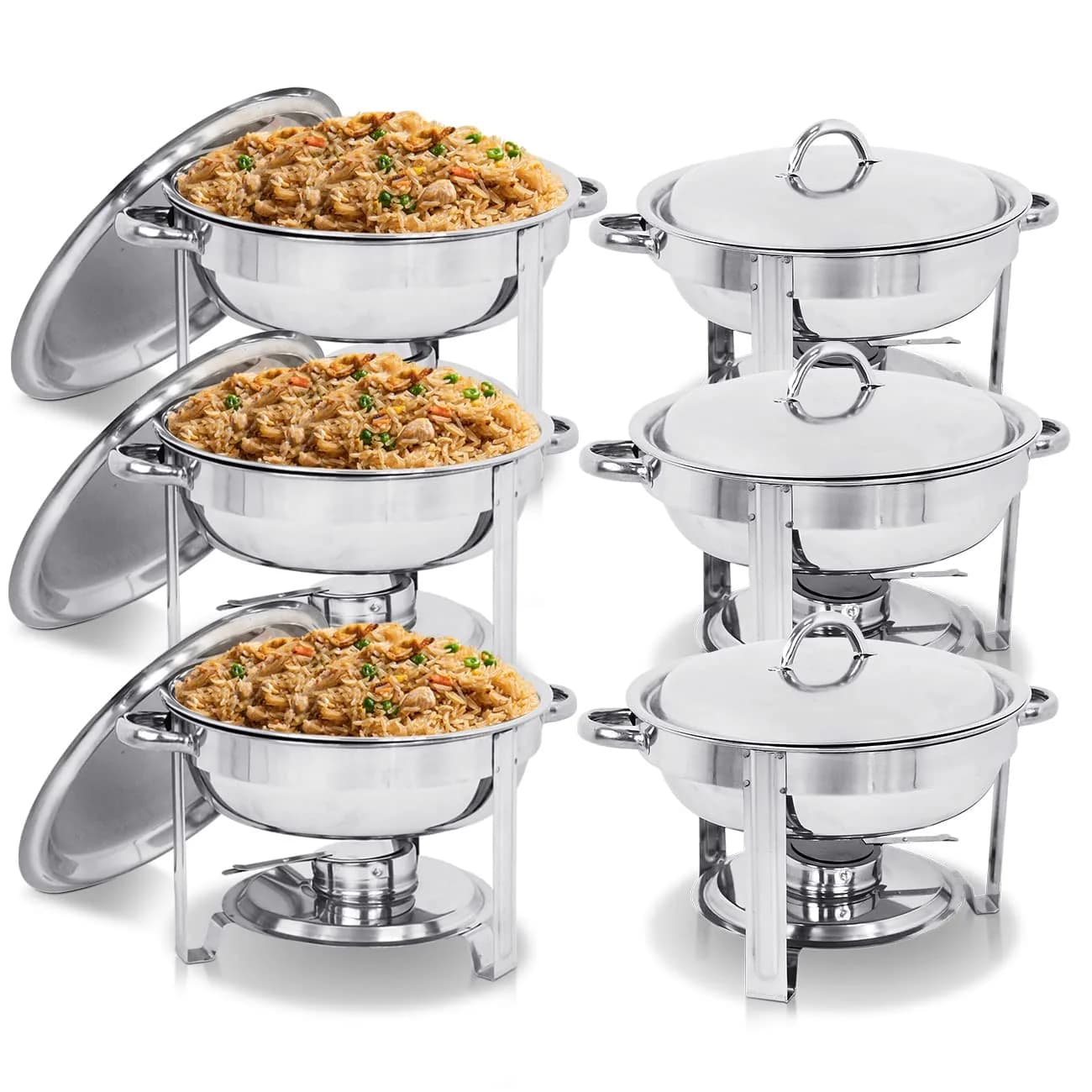 SUPER DEAL Pack of 6 Deluxe Full Size Round Stainless Steel Chafing Dishes 5 Qt | Durable Buffet Serving Set — Pack of 6