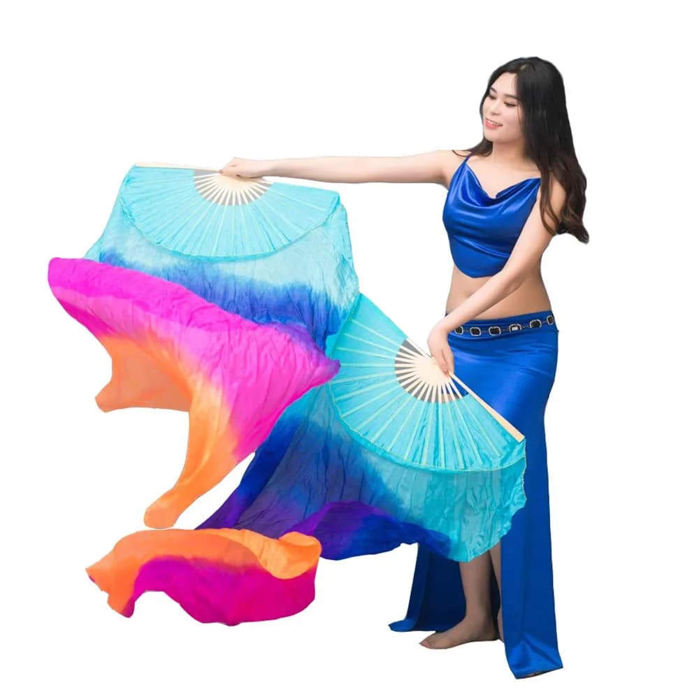 Nimiman Women 1 Pair Silk Belly Dance Fans Veil 180cm Length 90cm Width | Hand-Made Silk Dance Accessories