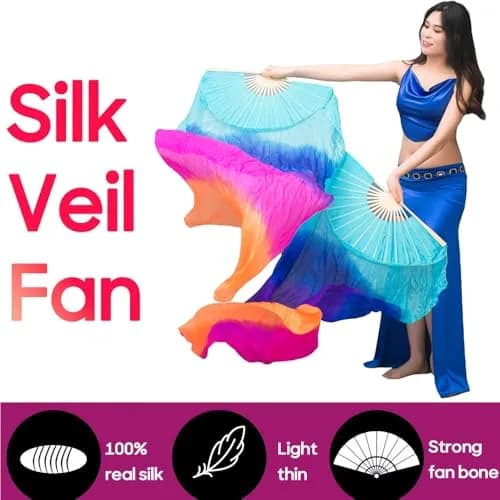 Nimiman Women 1 Pair Silk Belly Dance Fans Veil 180cm Length 90cm Width | Hand-Made Silk Dance Accessories thumbnail 4