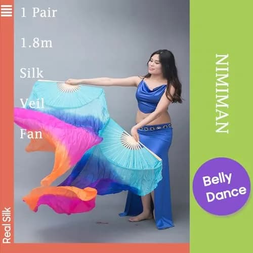 Nimiman Women 1 Pair Silk Belly Dance Fans Veil 180cm Length 90cm Width | Hand-Made Silk Dance Accessories thumbnail 5