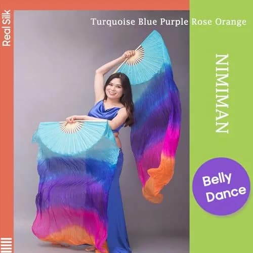 Nimiman Women 1 Pair Silk Belly Dance Fans Veil 180cm Length 90cm Width | Hand-Made Silk Dance Accessories thumbnail 6