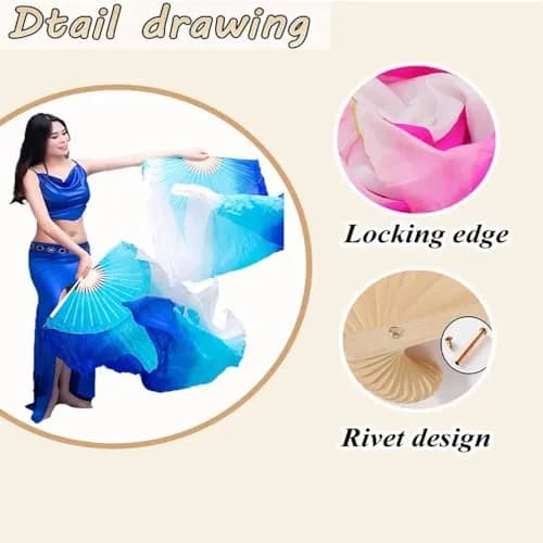 Nimiman Women 1 Pair Silk Belly Dance Fans Veil 180cm Length 90cm Width | Hand-Made Silk Dance Accessories thumbnail 2