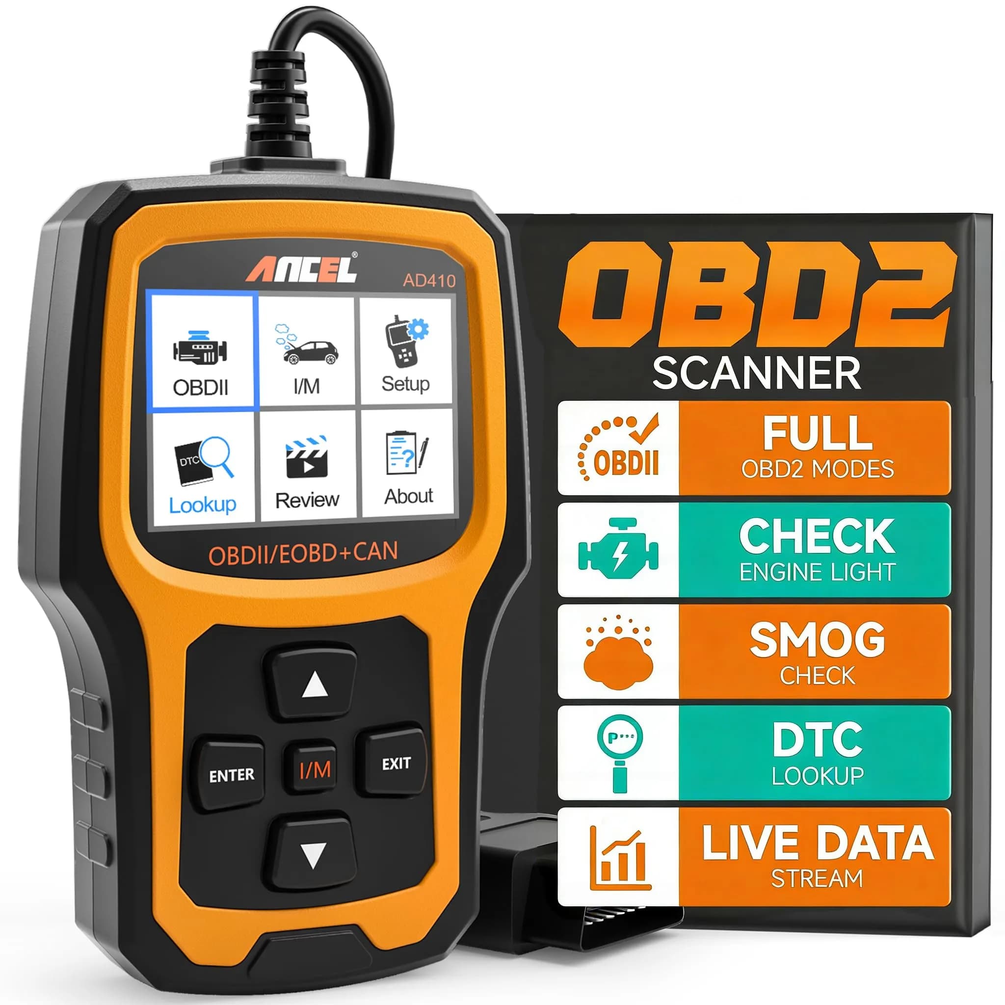 ANCEL AD410 Vehicle Scan Tool | Supports All 1996+ OBD2 Cars, Fault Code Reader, Live Data, Easy for Beginners