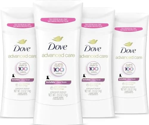 Dove Advanced Care Invisible Clear Finish Antiperspirant Deodorant Stick 10.4 oz (2.6 oz x 4) | 72-Hour Sweat & Odor Protection — 2.6 Ounce