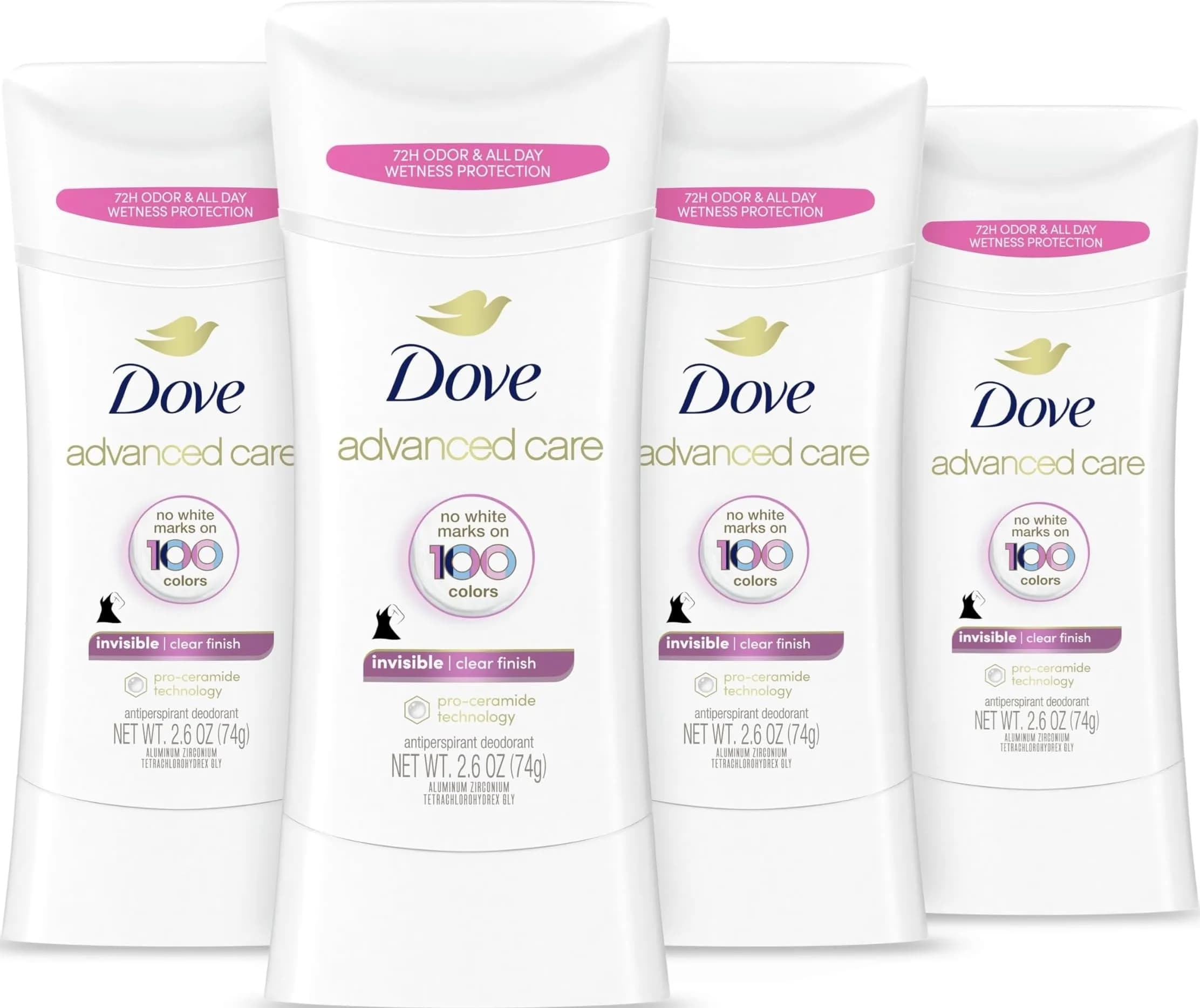 Dove Advanced Care Invisible Clear Finish Antiperspirant Deodorant Stick 10.4 oz (2.6 oz x 4) | 72-Hour Sweat & Odor Protection