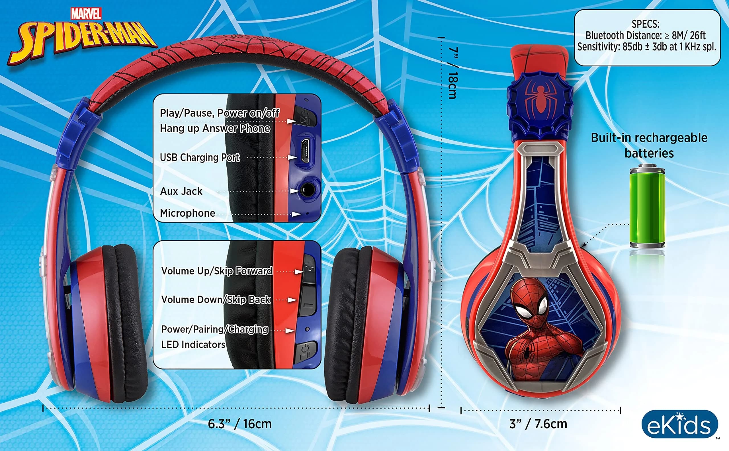 eKids Spiderman Bluetooth Headphones for Kids | 18-Hour Playtime - view 6