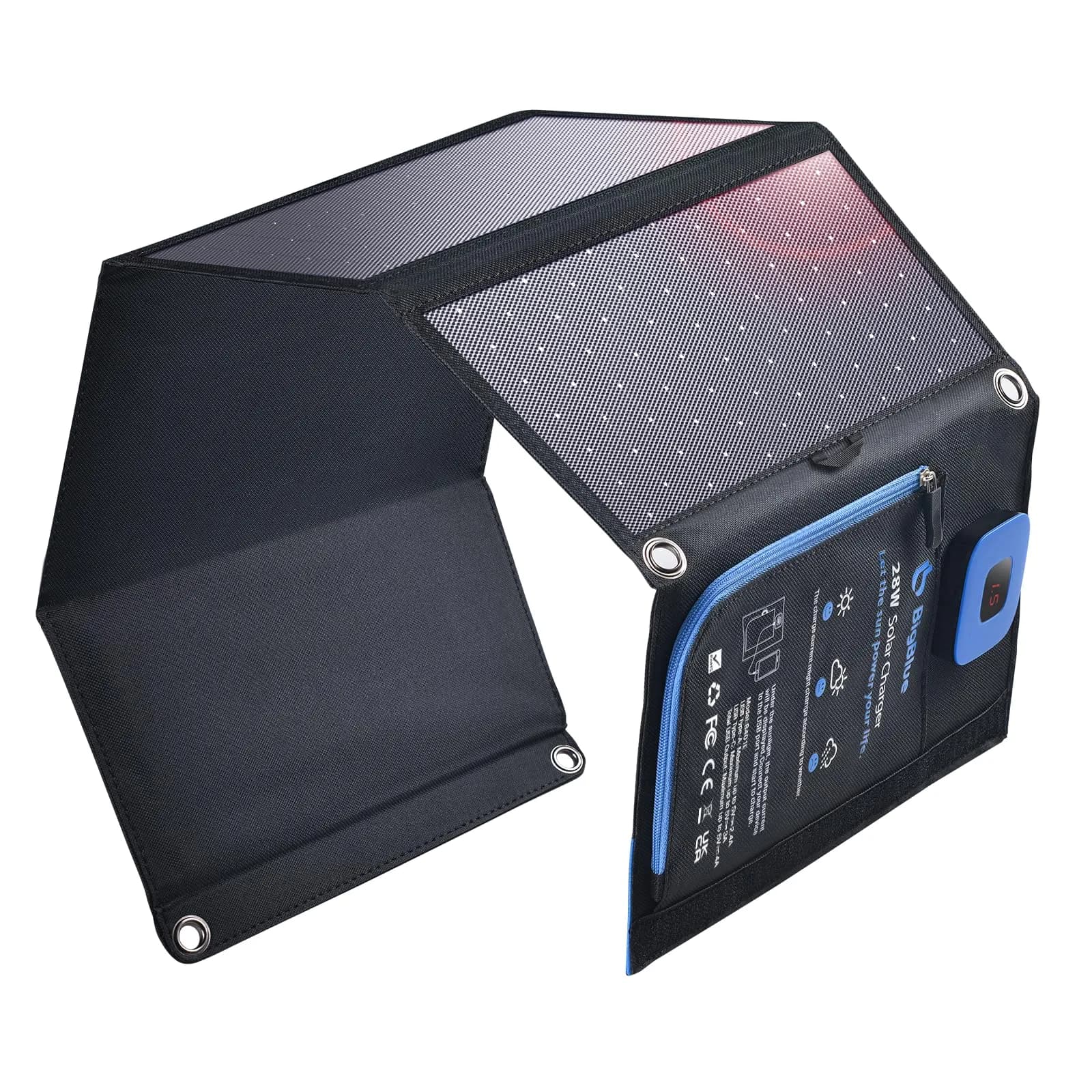 BigBlue 28W Solar Panel Charger 600g (1.3lb) | 25.4% High-Efficiency, USB-A/USB-C Ports, Digital Ammeter — Black