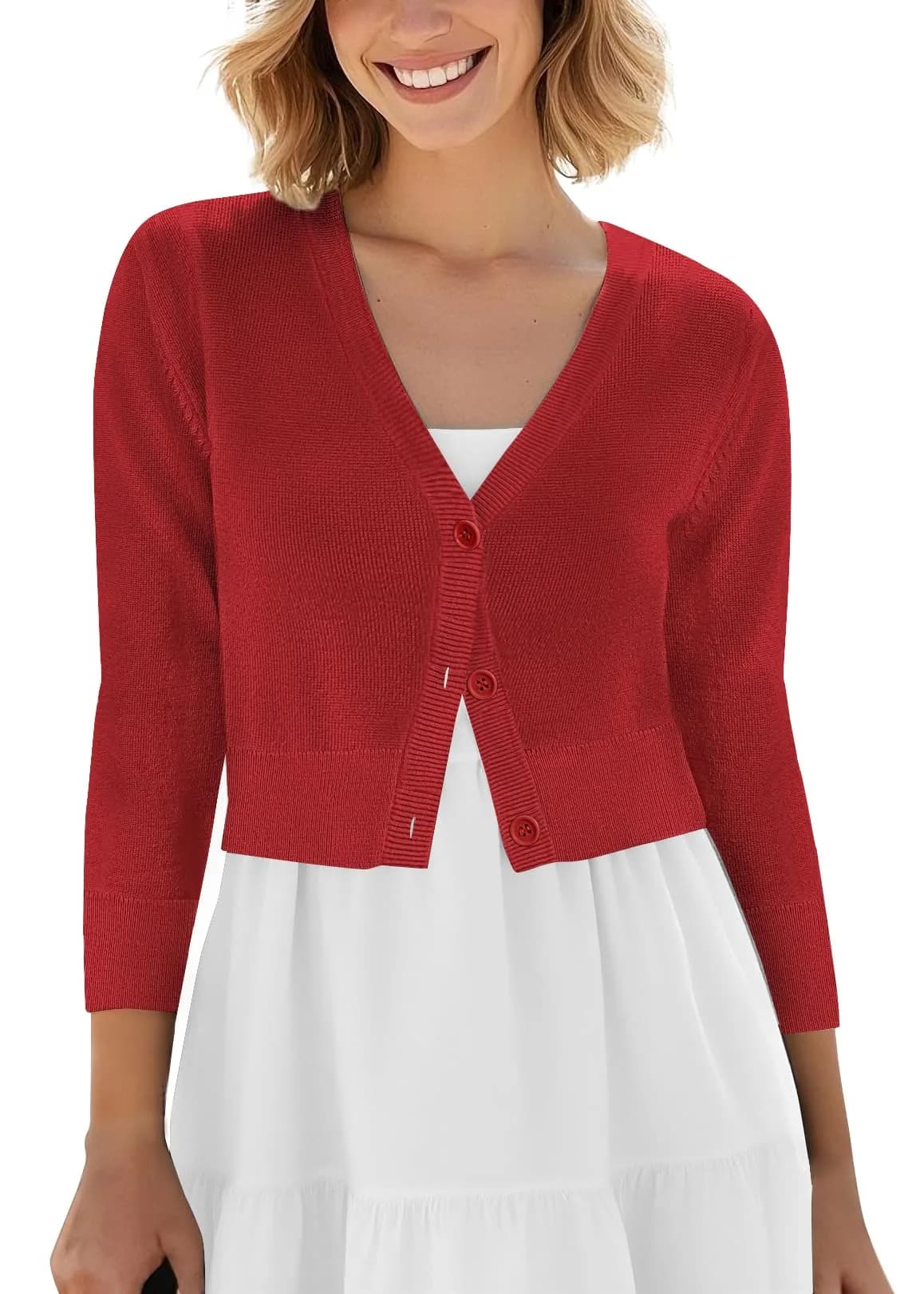 Urban CoCo Women's Cropped Cardigan V-Neck Button Down Knitted Sweater 3/4 Sleeve XL | Chic & Breathable — Red