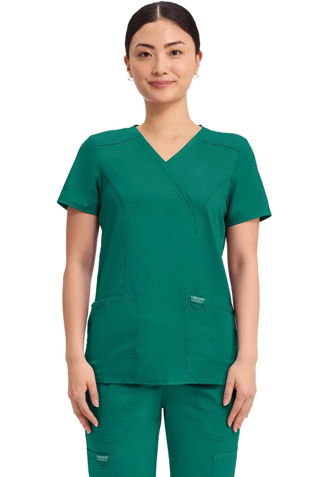 Cherokee Women Scrubs Top Workwear Revolution Mock Wrap WW610, L, Galaxy Blue | Durable, Stretchy, Professional Fit — Hunter Green / X-Small